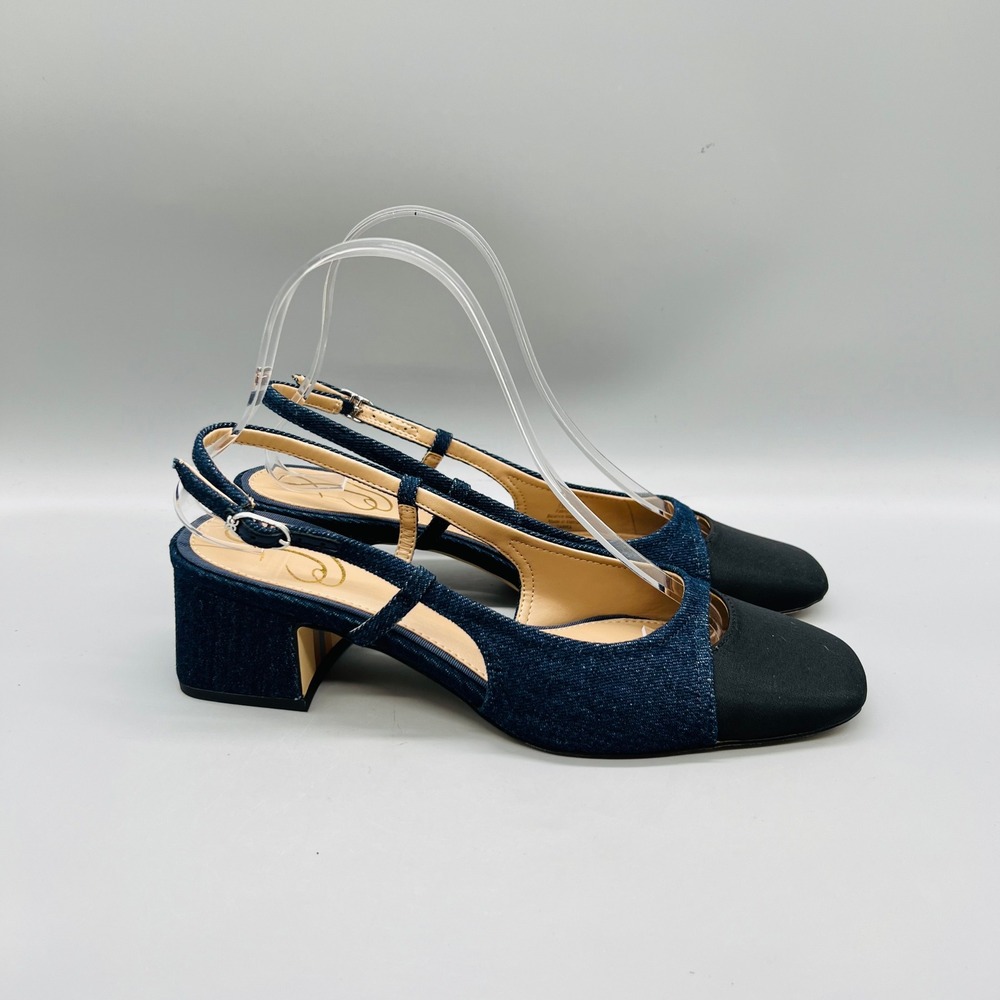Sam Edelman Shoes Womens 7.5 Blue Denim Black Cap Toe Tarra Slingback Pumps Heel